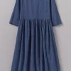 Check Crinkle Cotton Boat Neck Dress